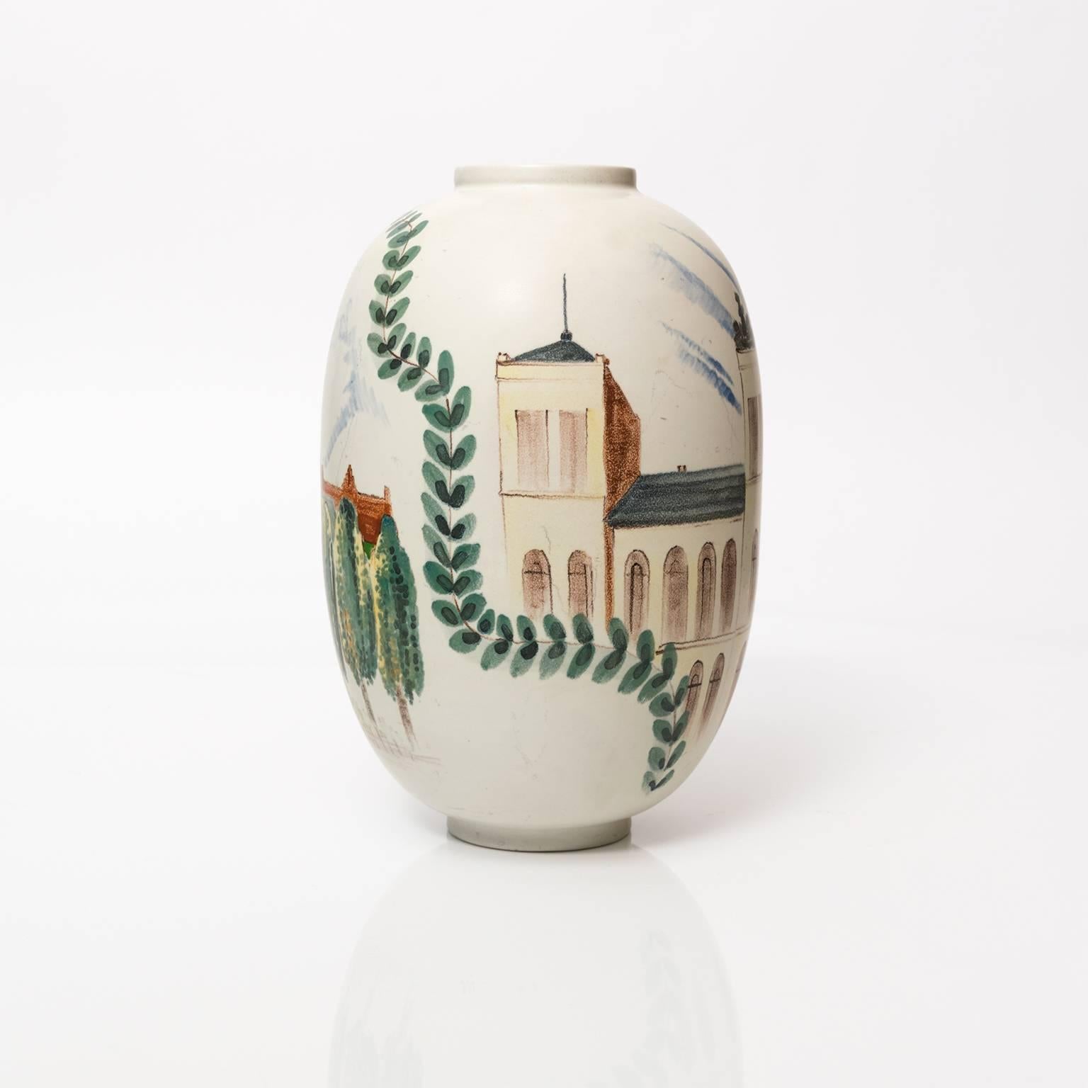 Large unique hand decorated cityscape "Lund" ceramic Scandinavian Modern vase by Oskar Dahl for Rorstrand. This vase is dated 1943.