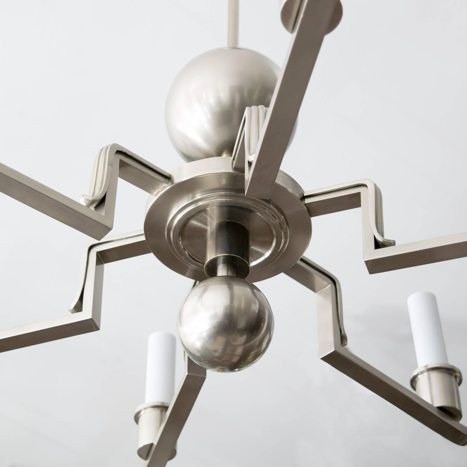 Scandinavian Modern Chandelier Nickel over Brass Six Arms In Excellent Condition In New York, NY