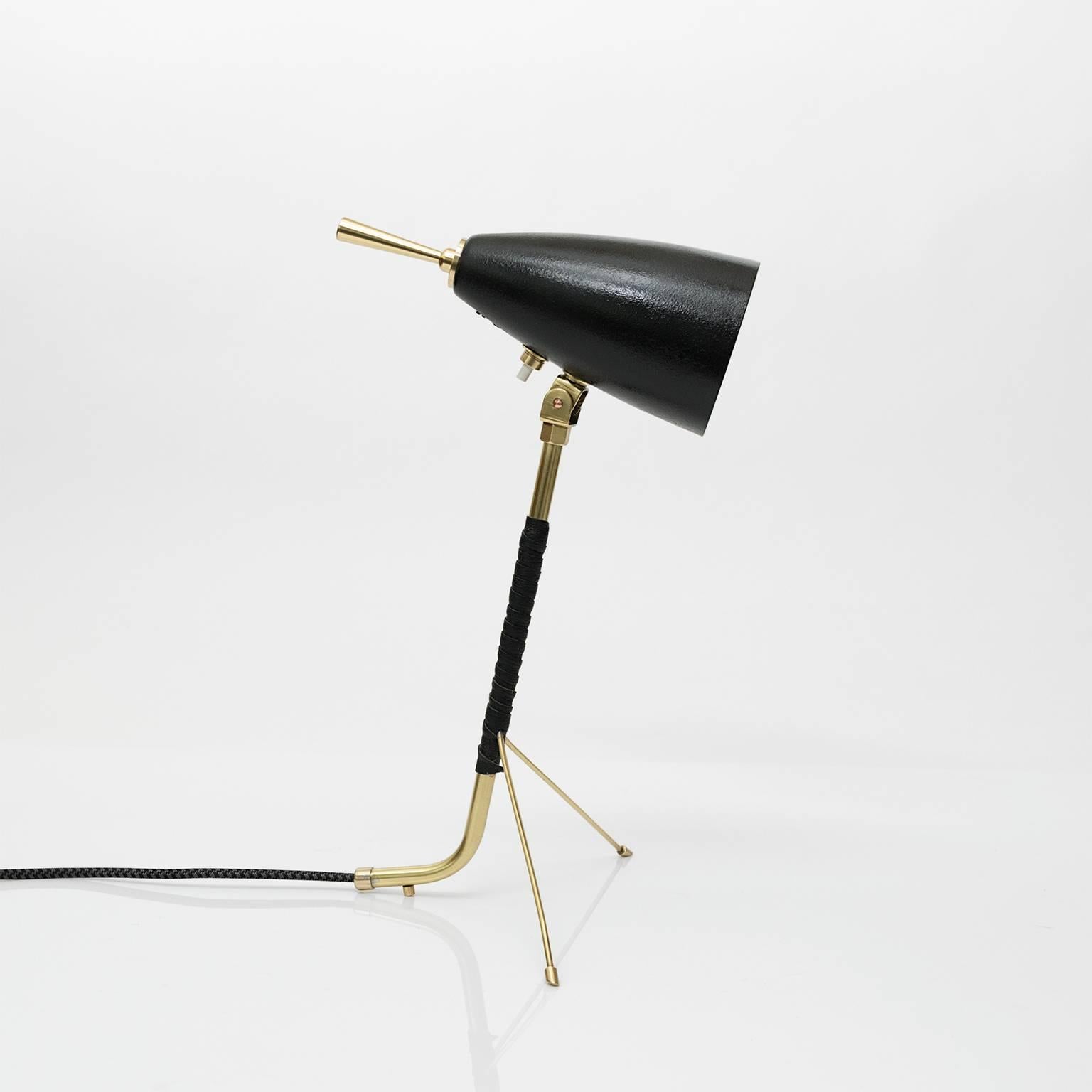 Scandinavian Modern Brass and Leather Tripod Desk Lamp 1