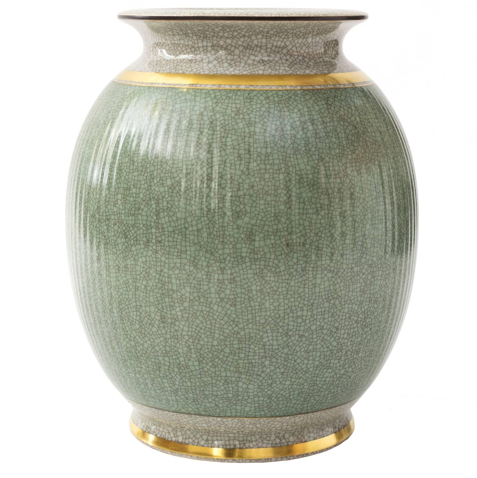 Scandinavian Modern Large Royal Copenhagen Green "Crackle" Glaze Vase with Gold