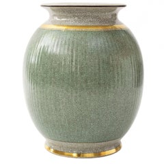 Scandinavian Modern Large Royal Copenhagen Green "Crackle" Glaze Vase with Gold