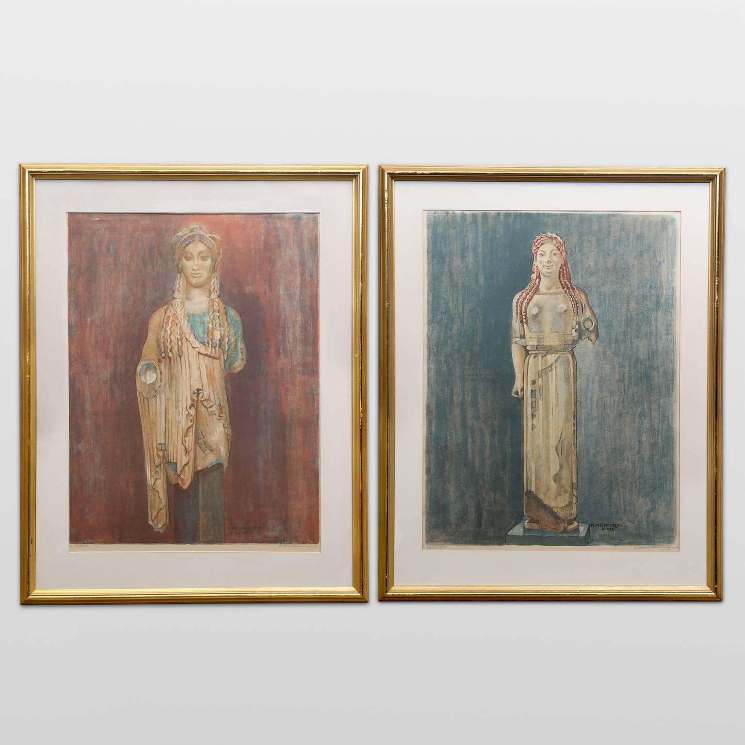 Pair of hand colored lithographs after the ancient polychrome sculptures from The Acropolis Museum, Athens, Greece. Executed by Marie Henriques. Published with a grant from the New Carlsberg Foundation, Copenhagen, 1911.

Both sculptures are