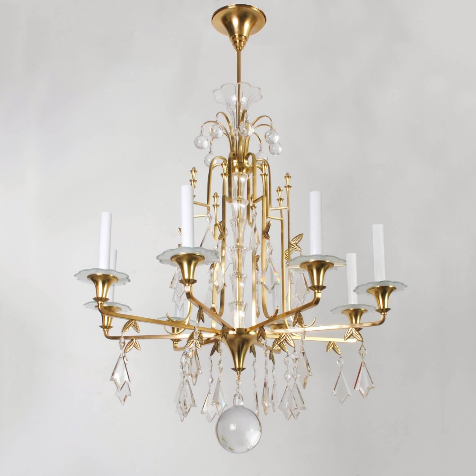 Polished Swedish Art Deco Eight-Arm Chandelier in Brass with Crystals
