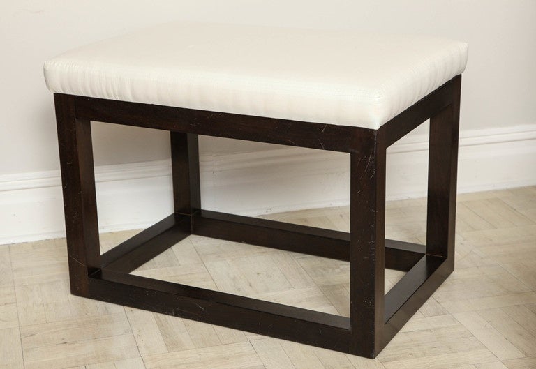 Lucca & Co. made-to-order walnut bench, upholstered seat, open cube base.