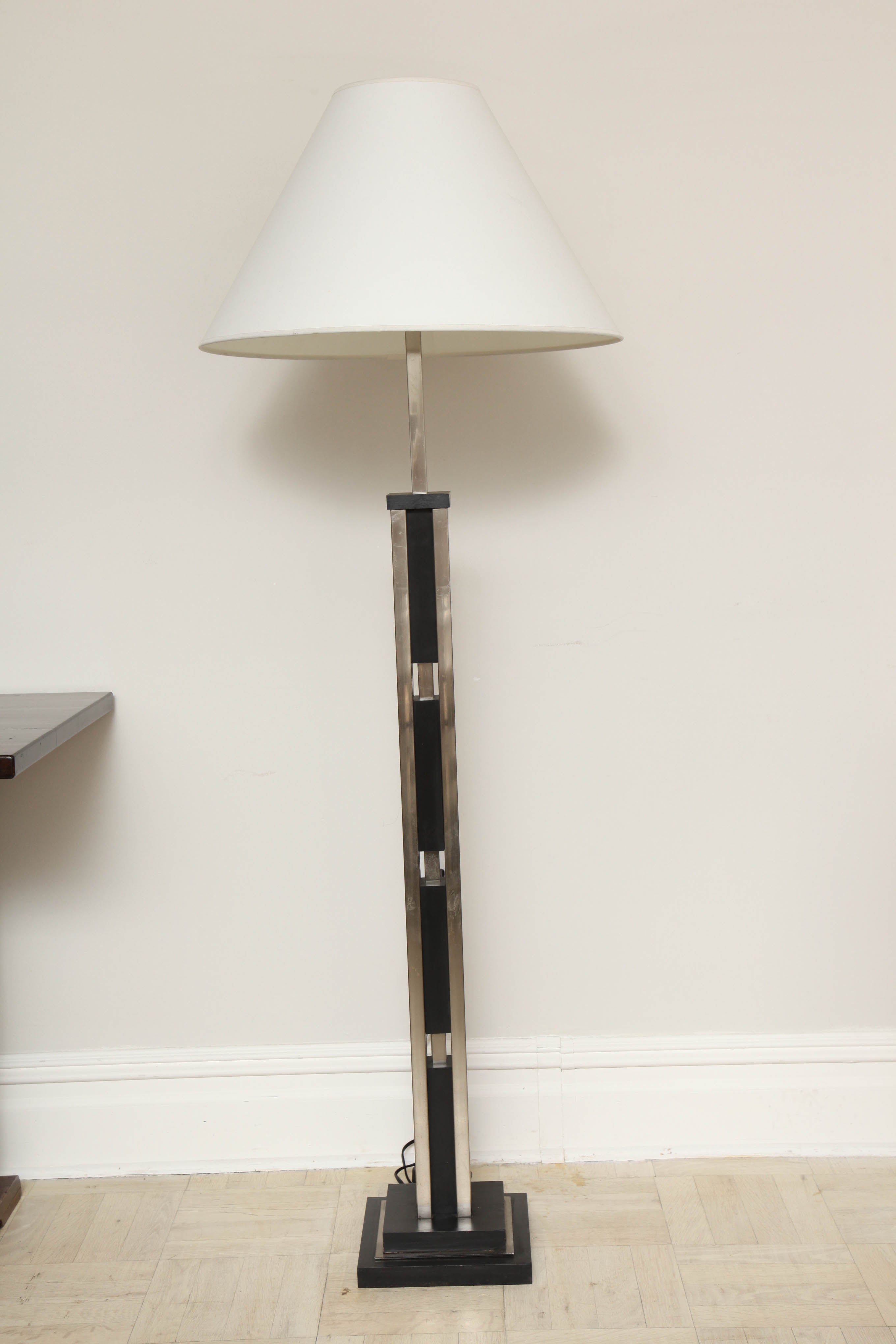 Modernist Floor Lamp, Ebonized Wood and Nickel-Plated Steel For Sale