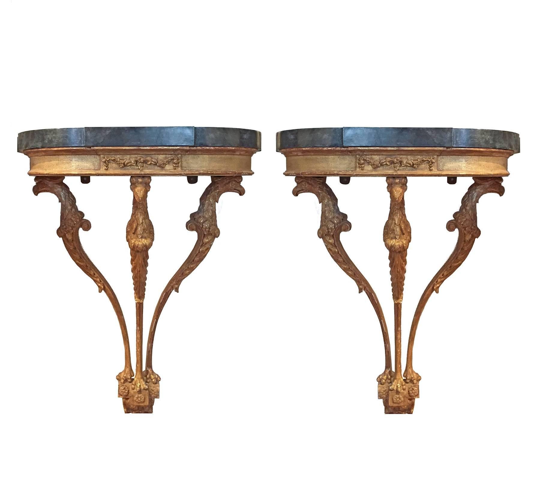 Pair of Adam inlaid satinwood and carved giltwood hanging consoles.
