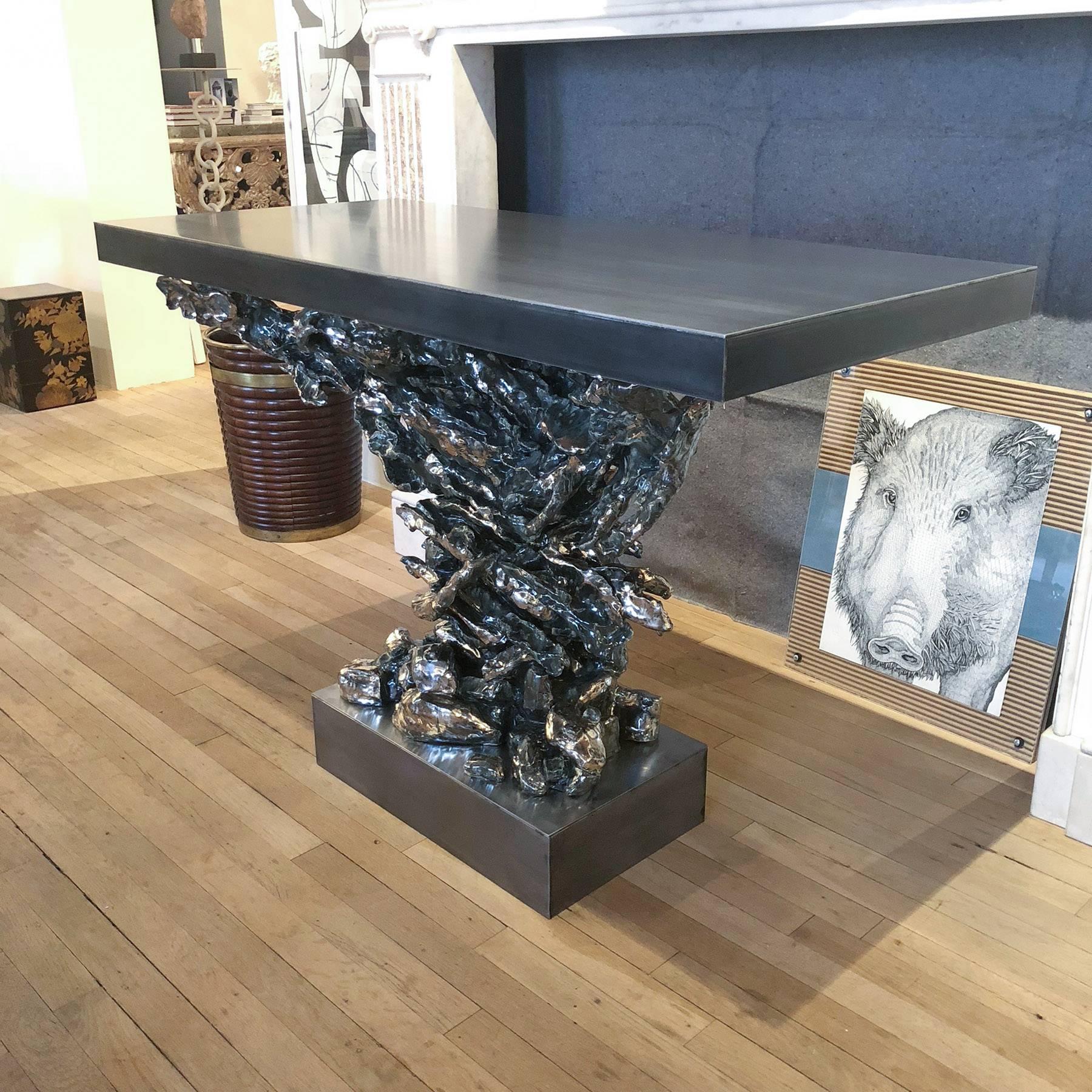 Gilded and glazed ceramic eagle form console with steel top and plinth
By Eve Kaplan
Contemporary, available by commission.
Measure: Height 31 inches, width 44 inches, depth 21 inches. 

[7846b].
 