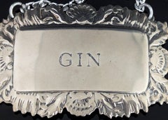Vintage silver plated Gin label, bottle tag, decanter label