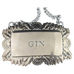 Vintage silver plated Gin label, bottle tag, decanter label