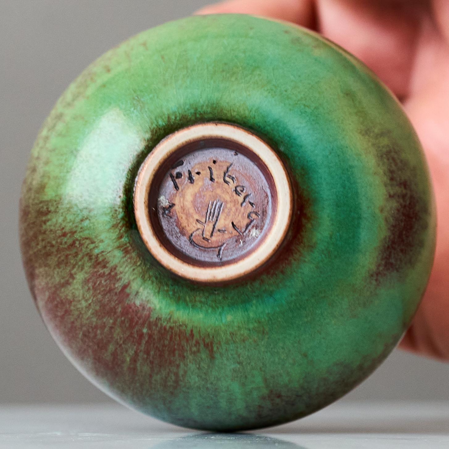 Ceramic Green & Red Stoneware Miniature Vase by Berndt Friberg. Gustavsberg Sweden 1960s For Sale