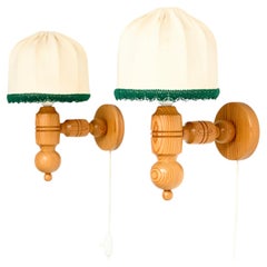 Swedish Designer, Vintage Wall Lights, Pine & Fabric, Mid-Century, Sweden, 1970s