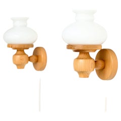 Swedish Designer, Vintage Wall Lights, Pine & Glass, Mid-Century, Sweden, 1970s