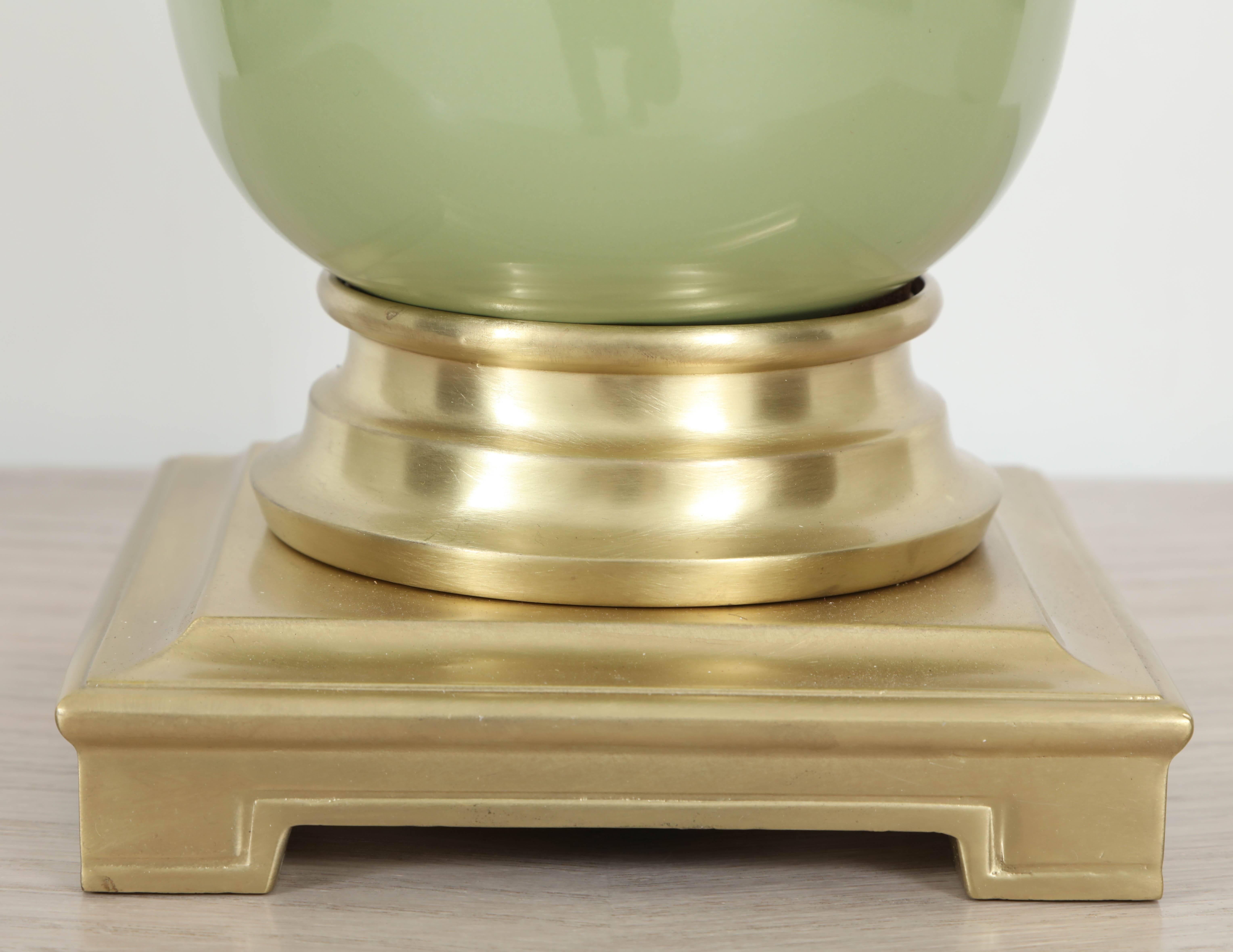 Mid-Century Modern Stiffel Celadon Green Ceramic and Brass Lamps