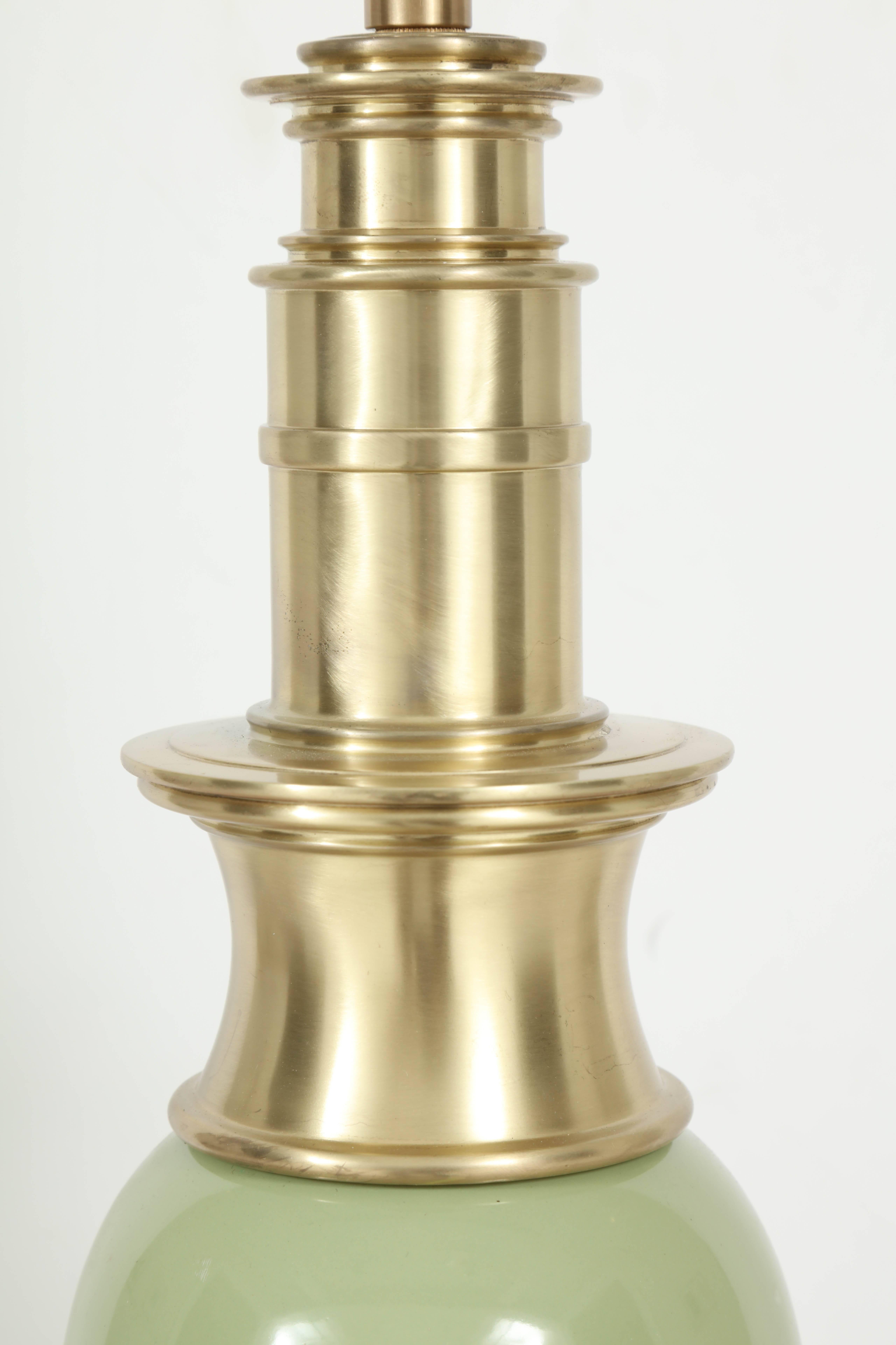 American Stiffel Celadon Green Ceramic and Brass Lamps