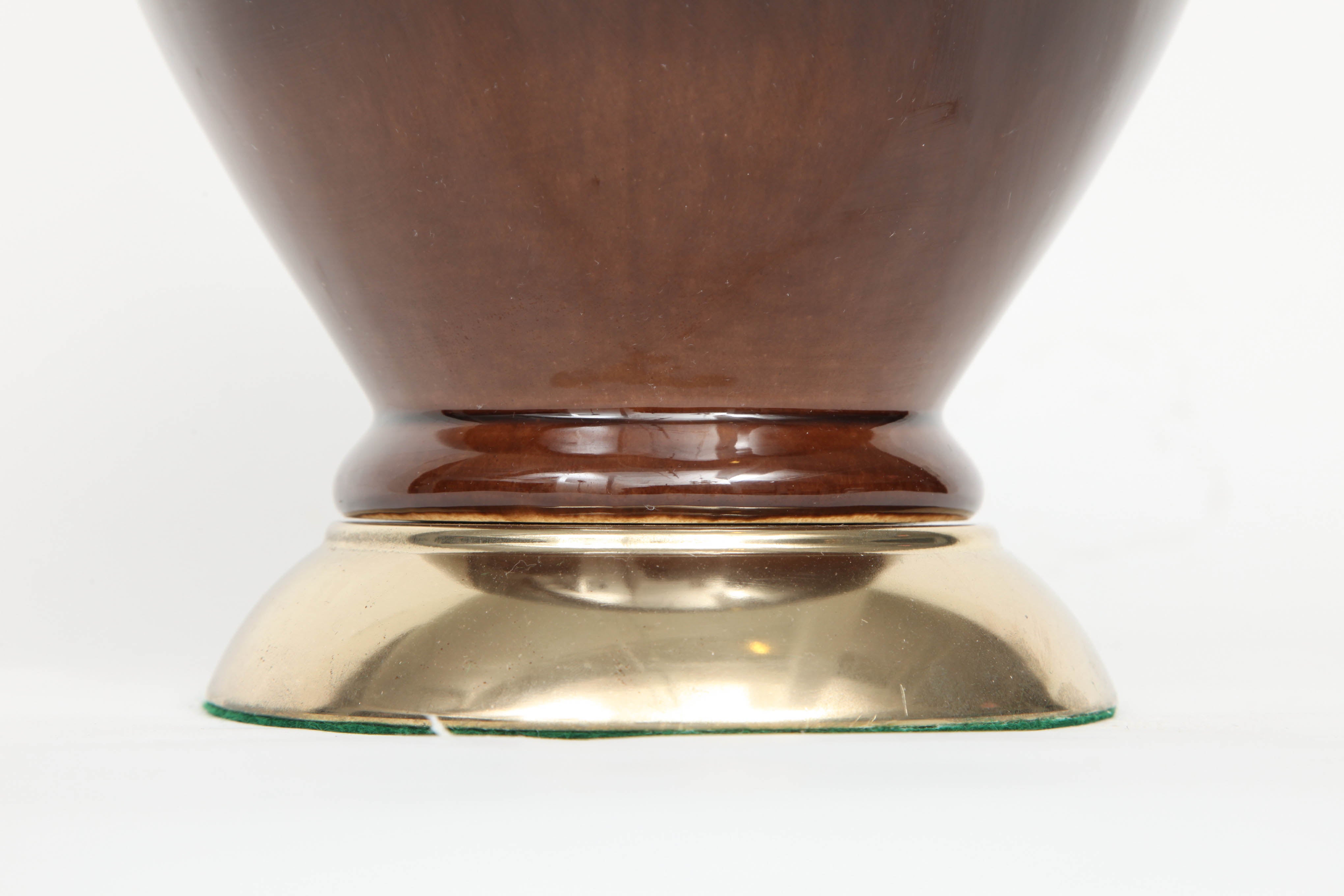 Brass Midcentury Brown/Cream Ombre Glazed Ceramic Lamps