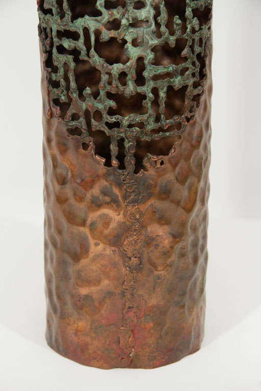Intricate pierced and hammered copper vessel by Marcello Fantoni for Raymor.