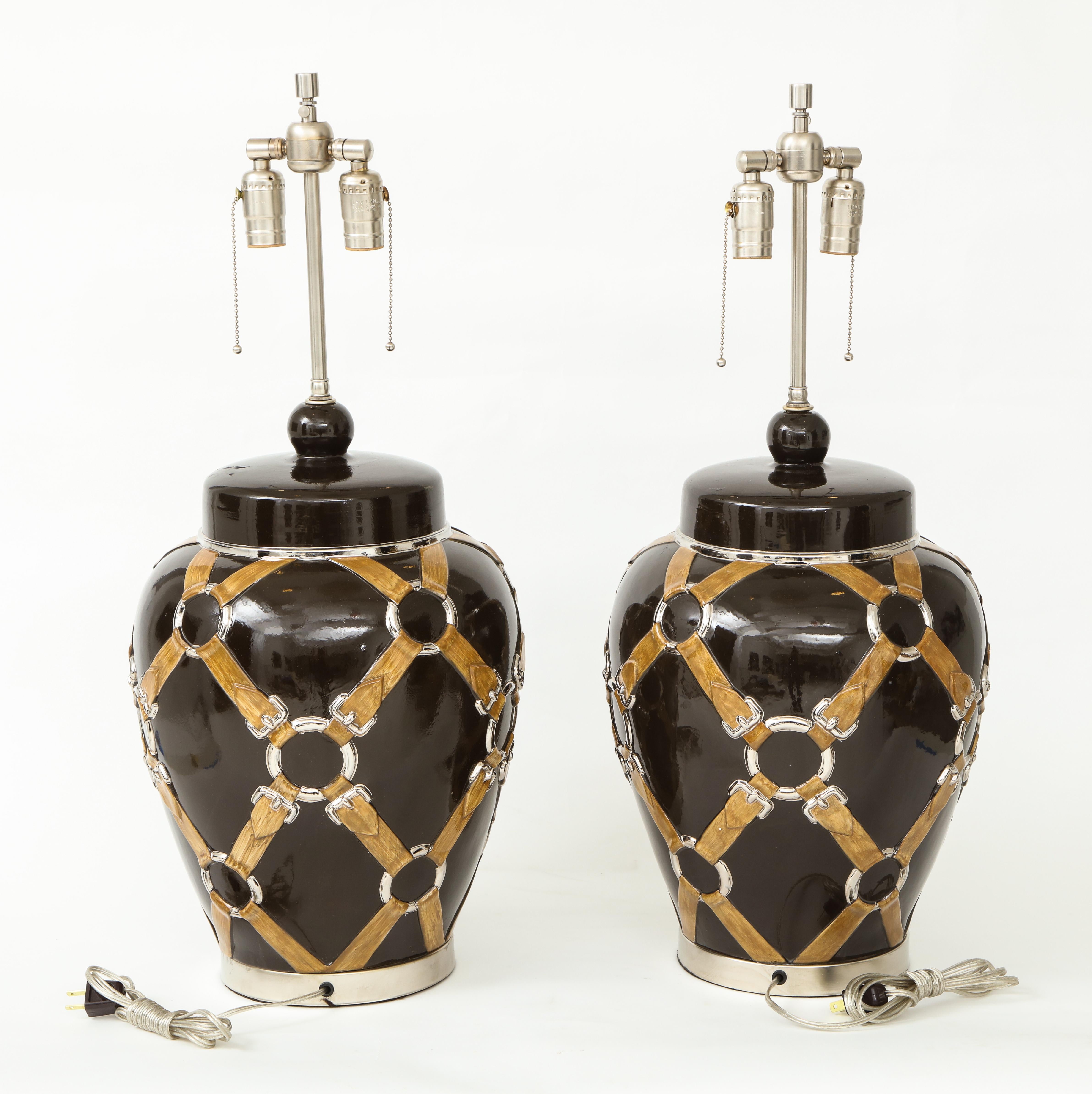 American Chapman Buckle, Strap Brown Ceramic Lamps For Sale