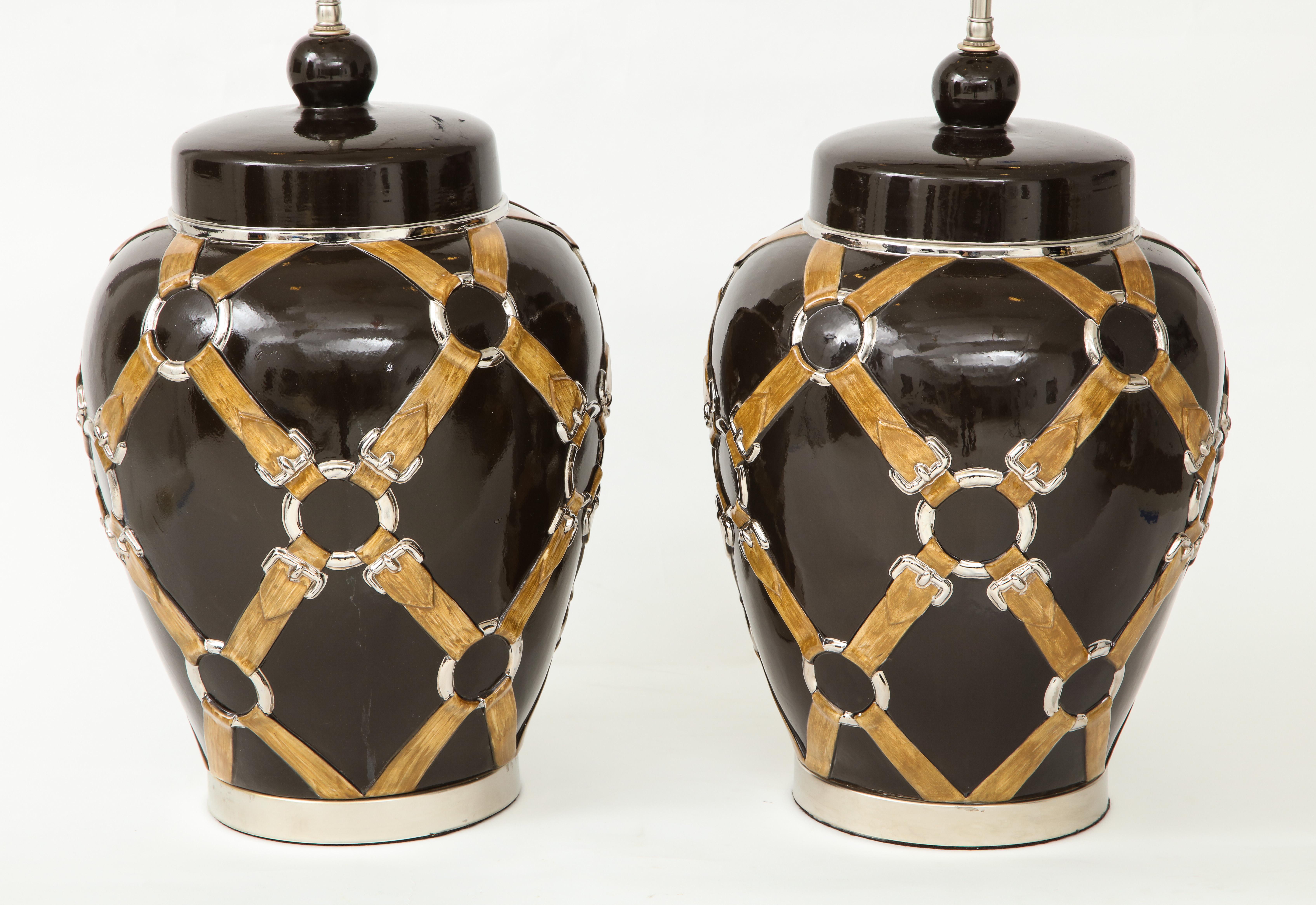 Chapman Buckle, Strap Brown Ceramic Lamps In Good Condition For Sale In New York, NY