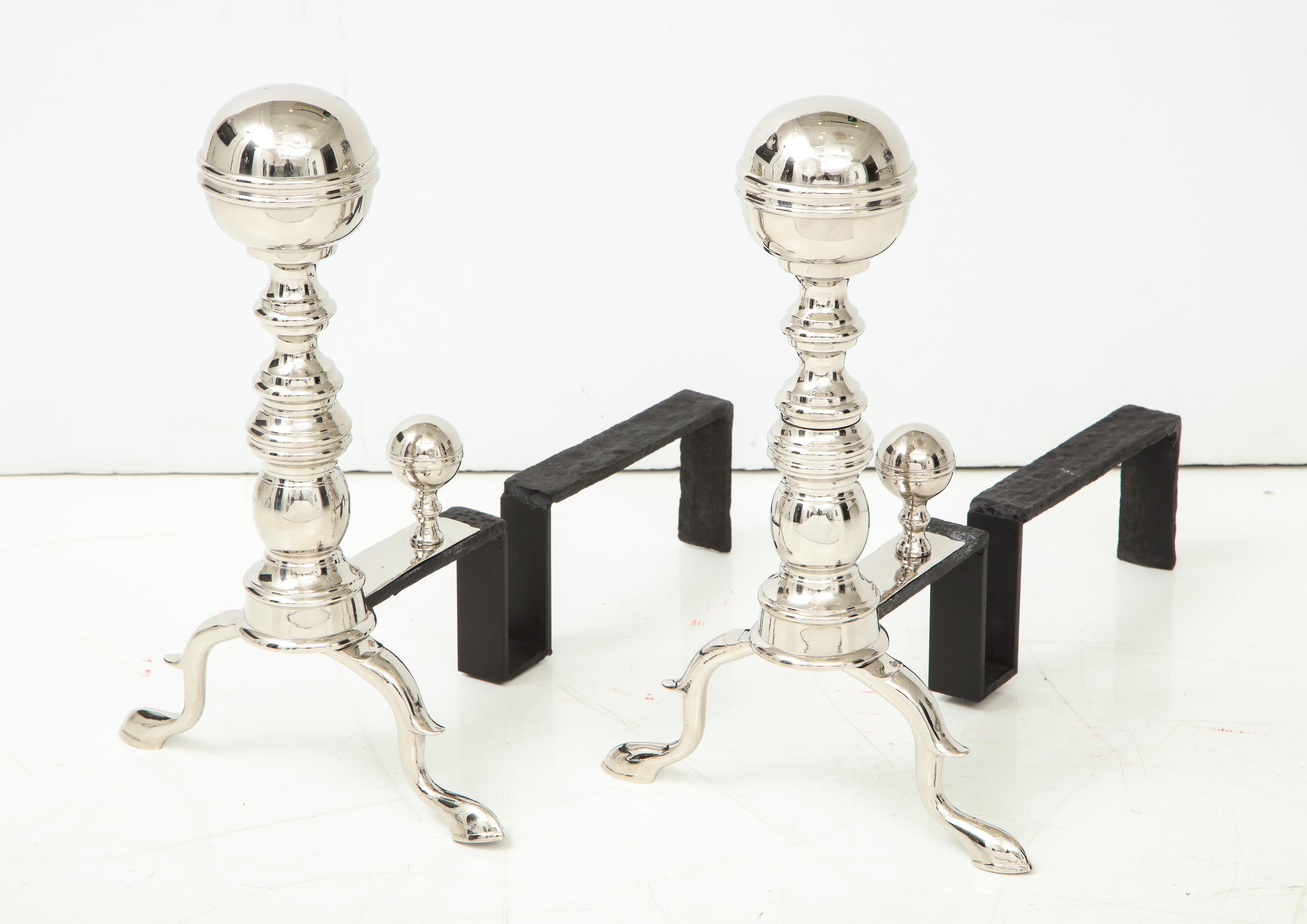 American Art Deco Polished Nickel Cannonball Andirons