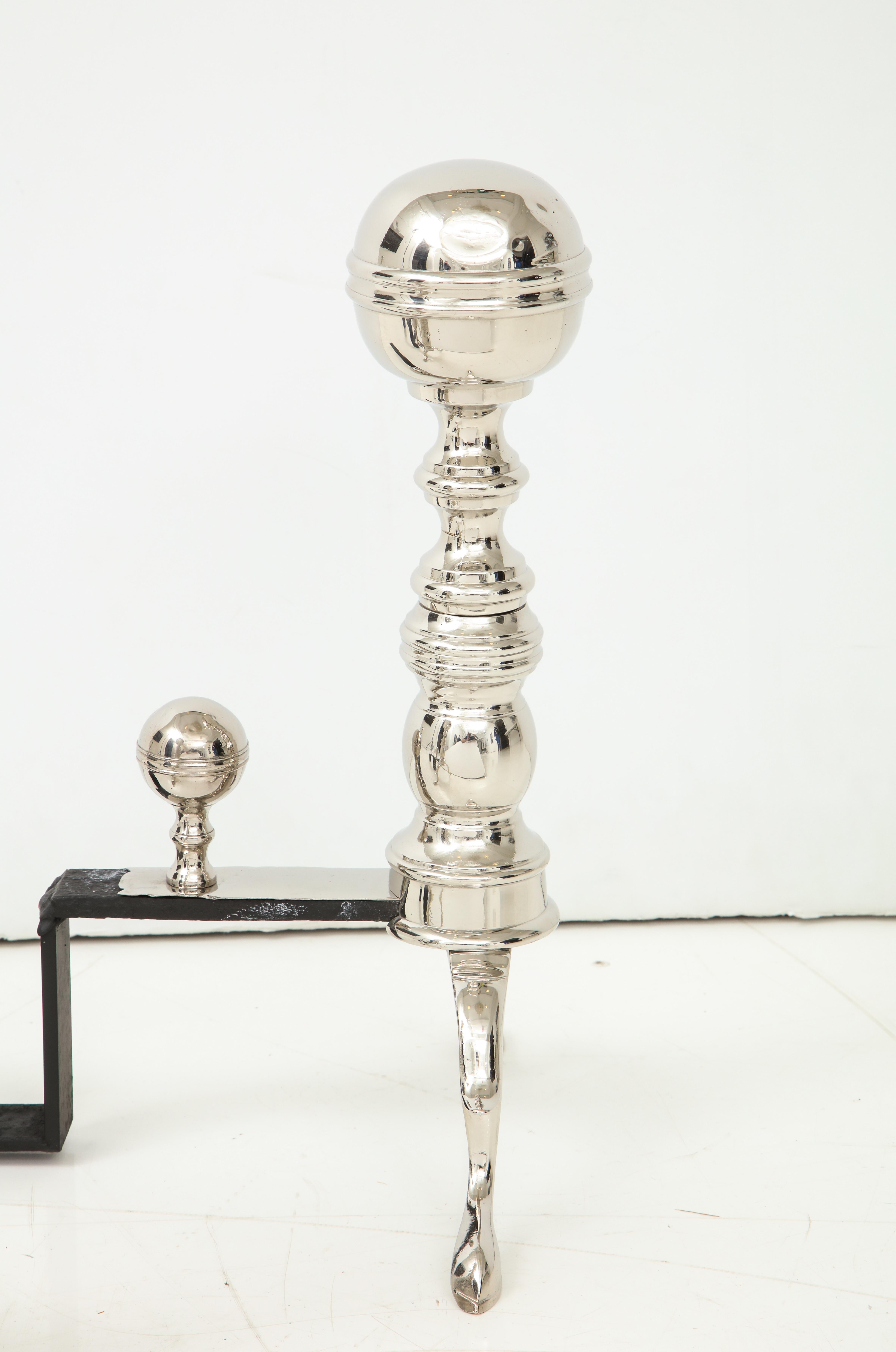 Art Deco Polished Nickel Cannonball Andirons In Good Condition In New York, NY