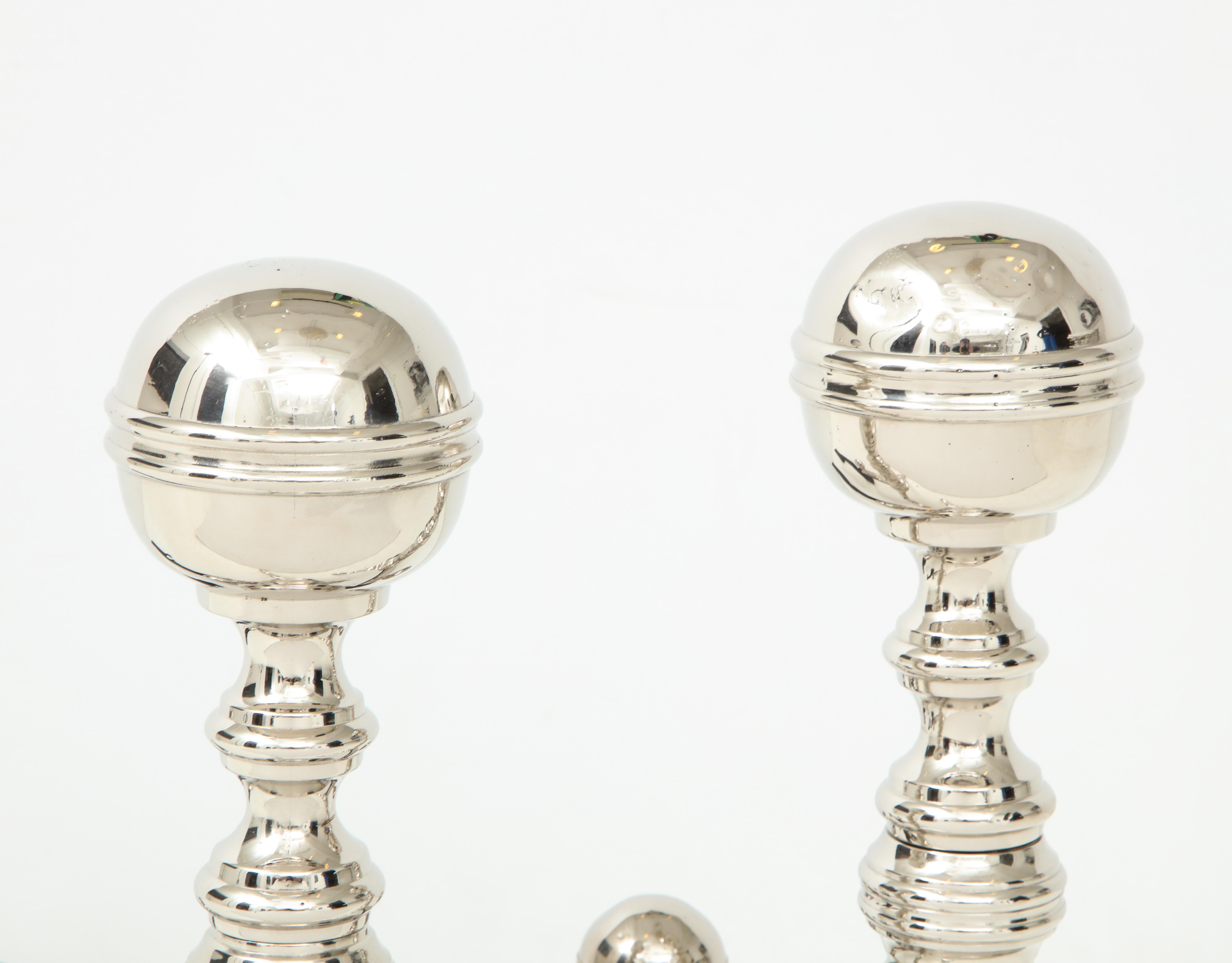 20th Century Art Deco Polished Nickel Cannonball Andirons