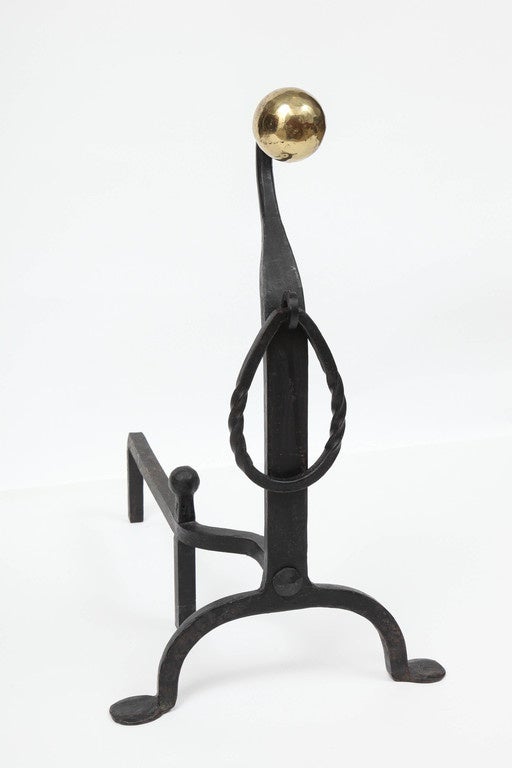 Modern Wrought Iron Andirons with Hammered Brass