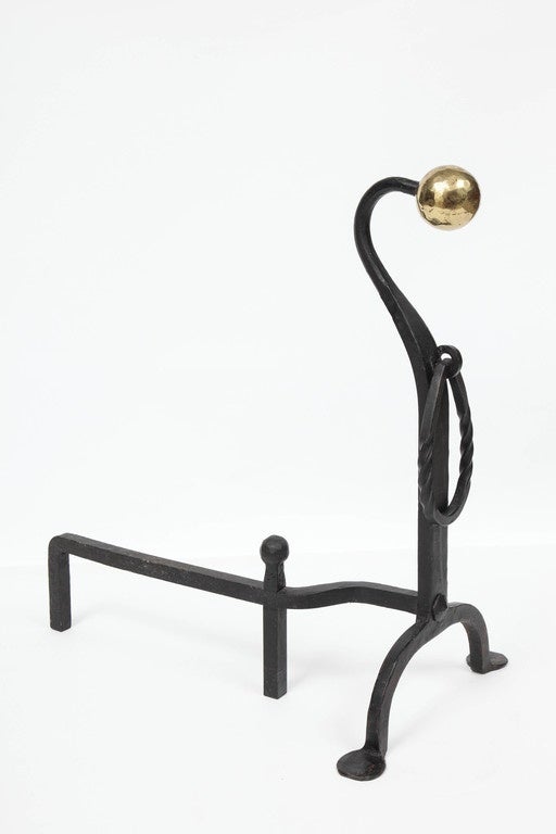 20th Century Wrought Iron Andirons with Hammered Brass