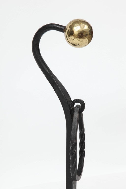 Wrought Iron Andirons with Hammered Brass 1