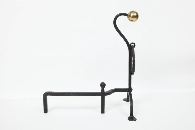Wrought Iron Andirons with Hammered Brass 3