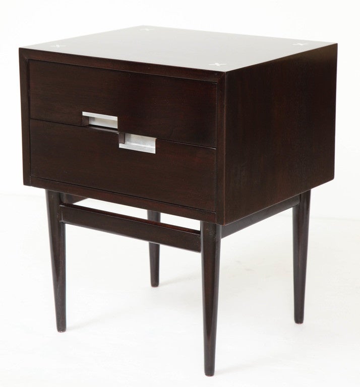 Fantastic pair of dark chocolate brown stained Walnut nightstands with inset nickel handles and decorative 
