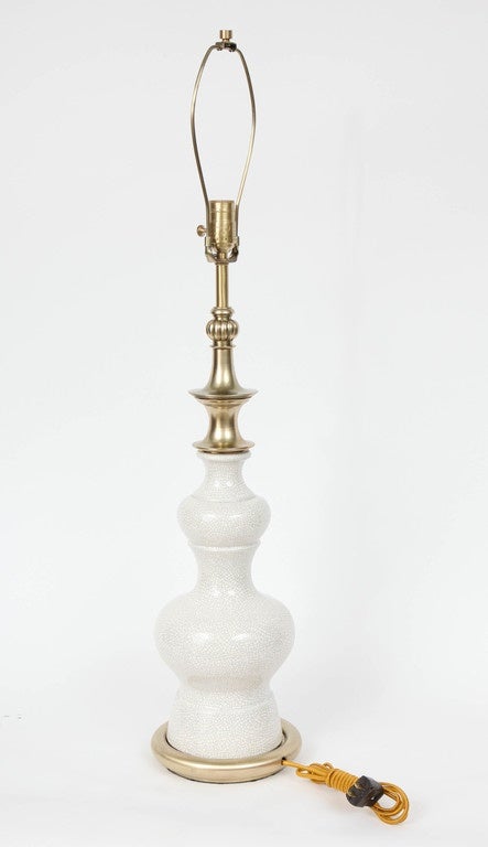 Brass Pair of White Crackle Glazed Ceramic Lamps by Stiffel