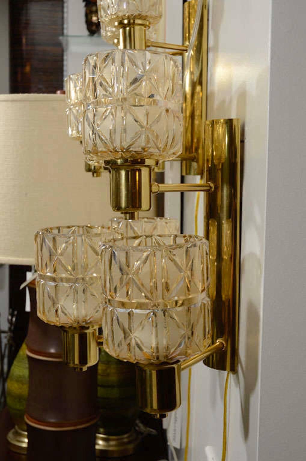 Swedish Hans Agne Jakobsson Brass and Crystal Sconces