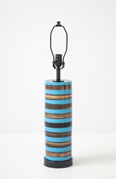 Italian Mid Century Aldo Londi - Bitossi Turquoise, Gold Striped Lamp