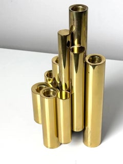 Gio Ponti Style Modernist Brass Stacked Tubular Candlesticks
