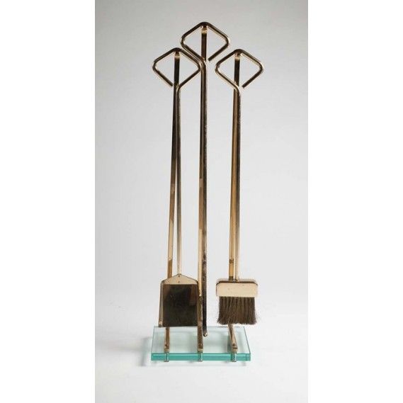 Modern Fontana Arte Style Brass and Glass Fireplace Tools