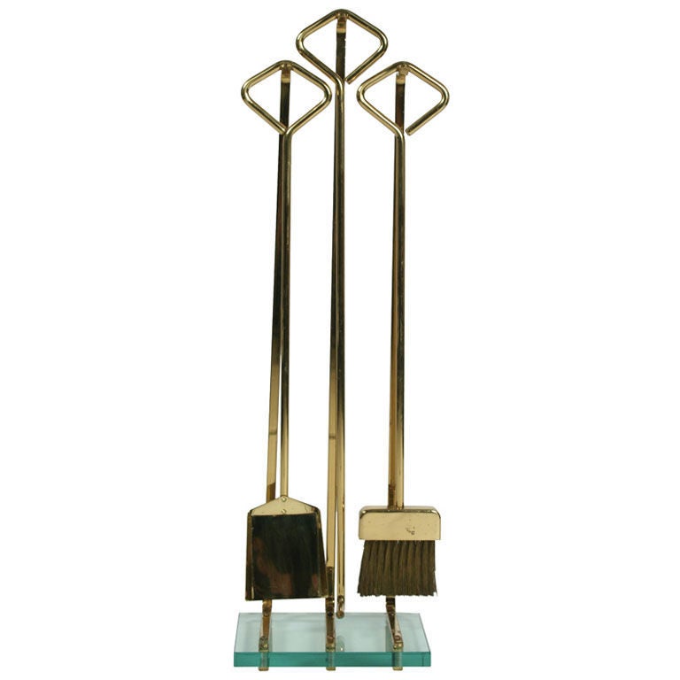 Fontana Arte Style Brass and Glass Fireplace Tools In Excellent Condition In New York, NY