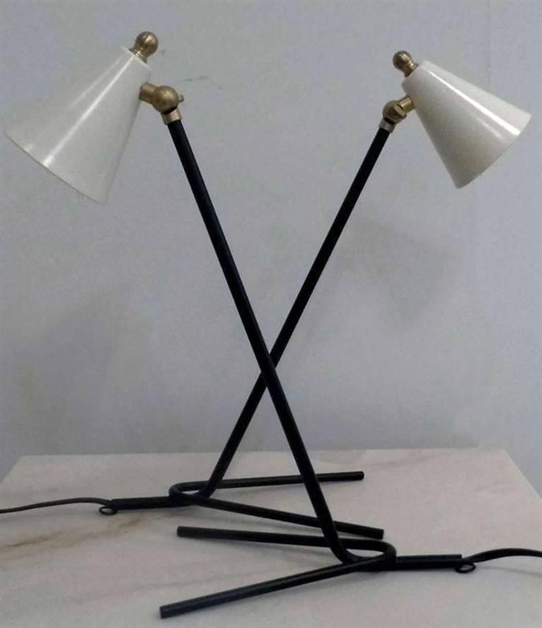 Two table lamps with white aluminum shades, black metal structure and brass pivots. Adjustable shades. New structure, restored shades.