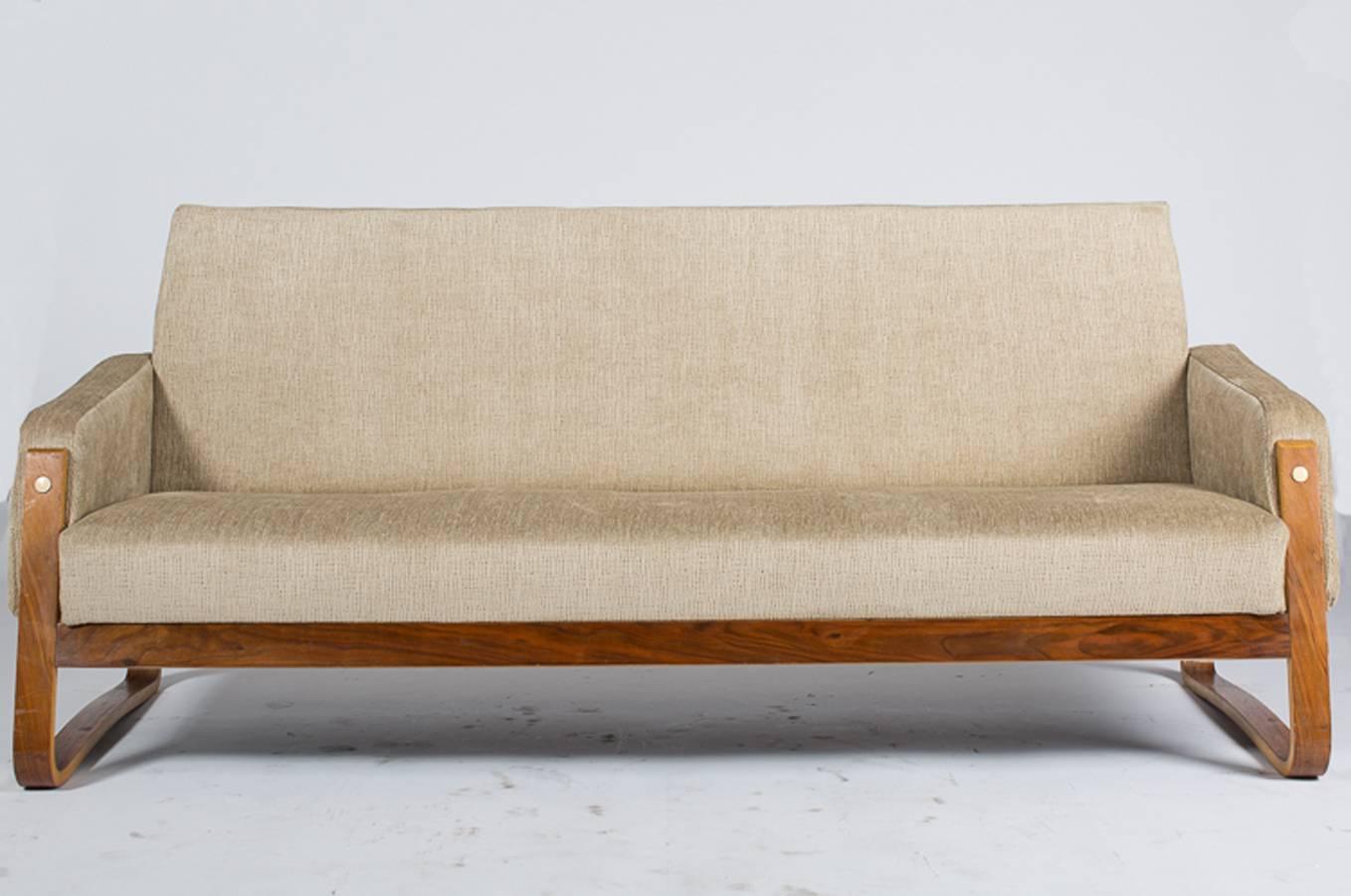 Art Deco settee. Great lines, bentwood with burled walnut veneer. Finish in French polish. Newly upholstered in beige chenille, very comfortable.