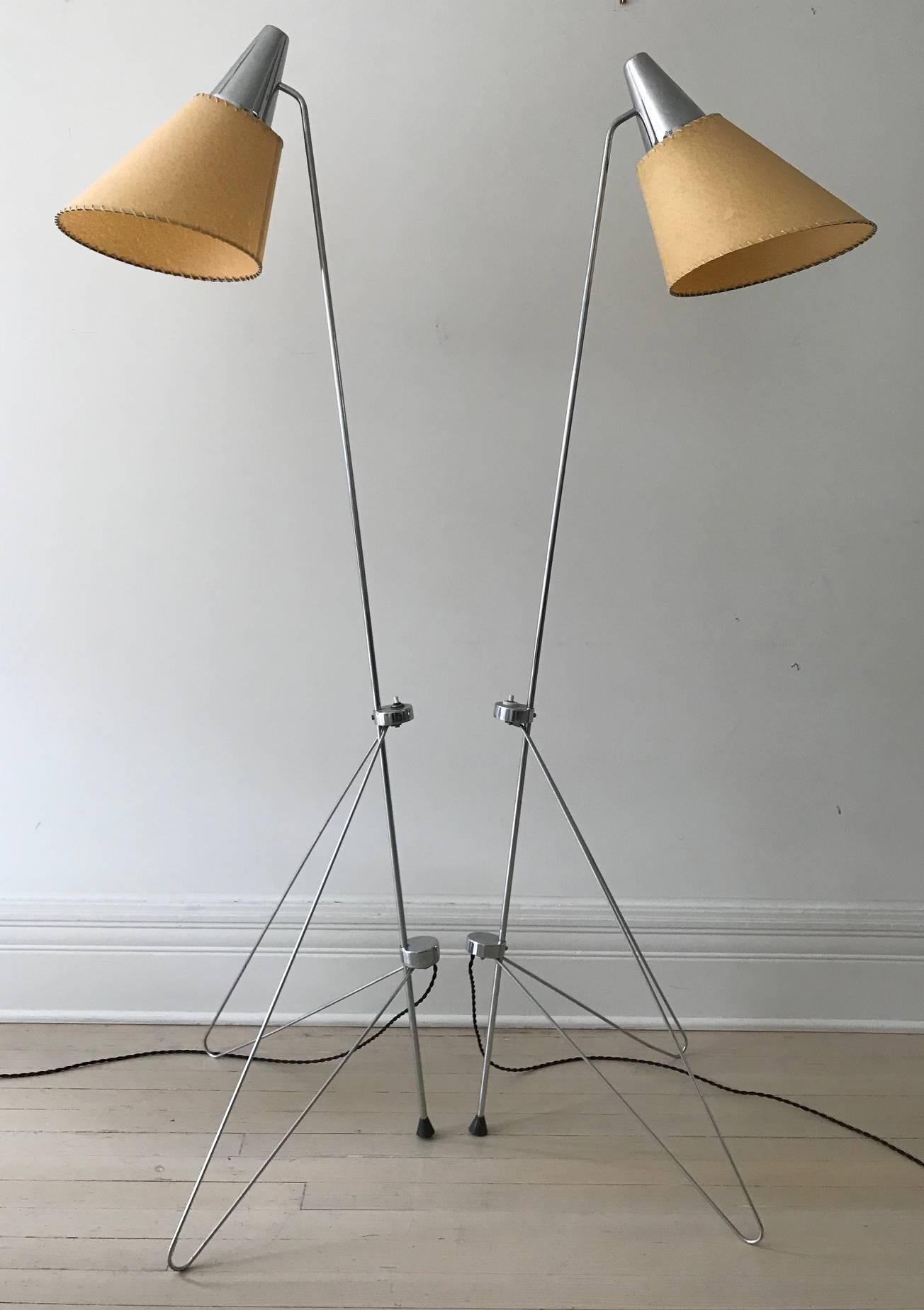 Modernists lamps designed by Josef Hurka. The structure angles forward on two front hairpin legs. There is a switch at the top of those legs. The lamp has a newly made, hand-stitched parchment shade, based on original design and dimensions.