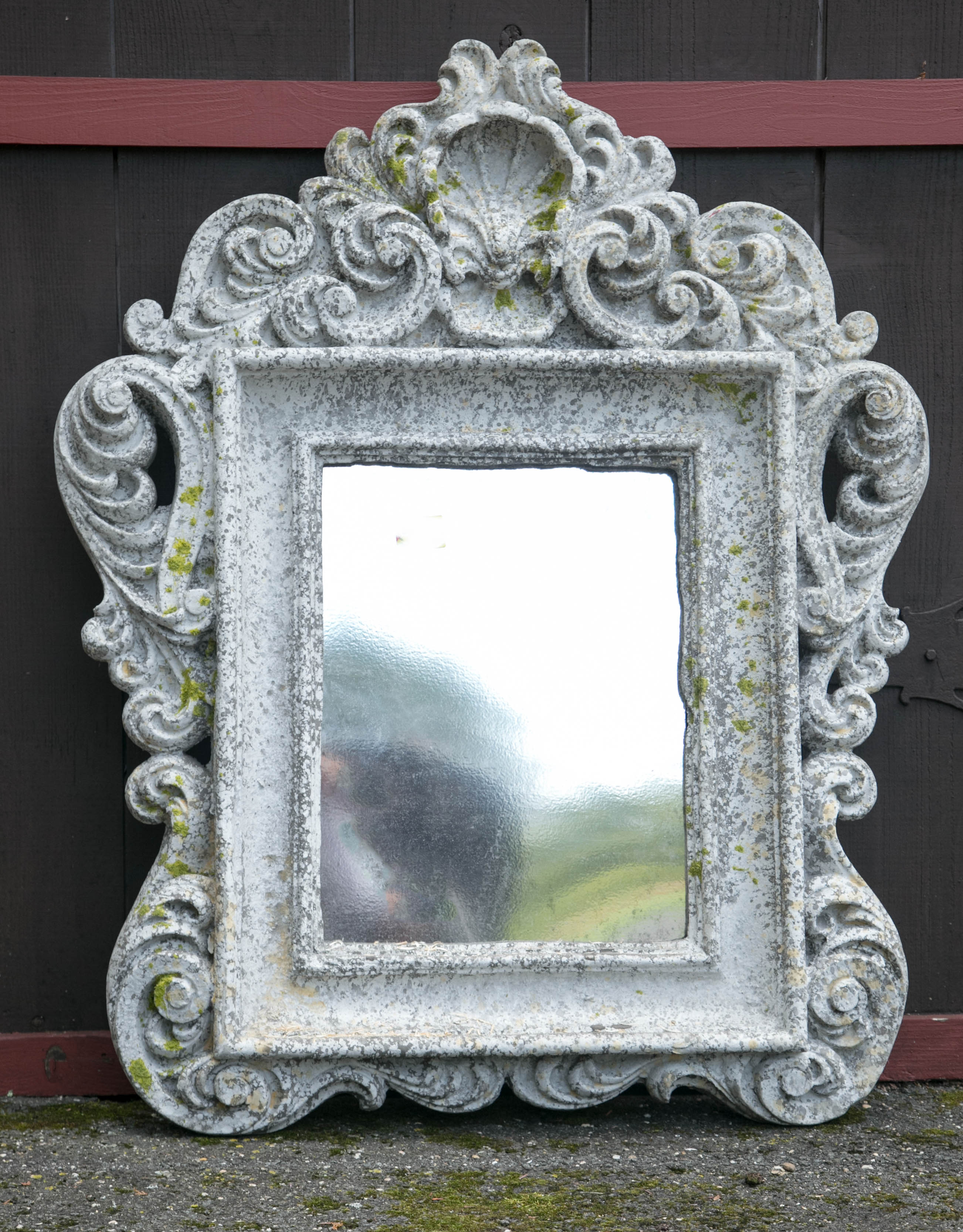Unusual pair of cast cement frames with acrylic mirror board 
Priced as pair can be sold individually