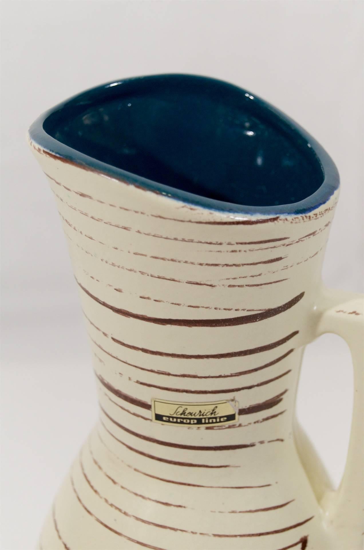 German Scheurich Mid-Century Strié Ceramic Ewer