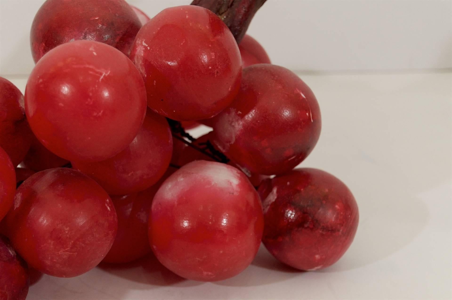 Carved Large Crimson Alabaster Grapes with Wood Stem Centerpiece For Sale