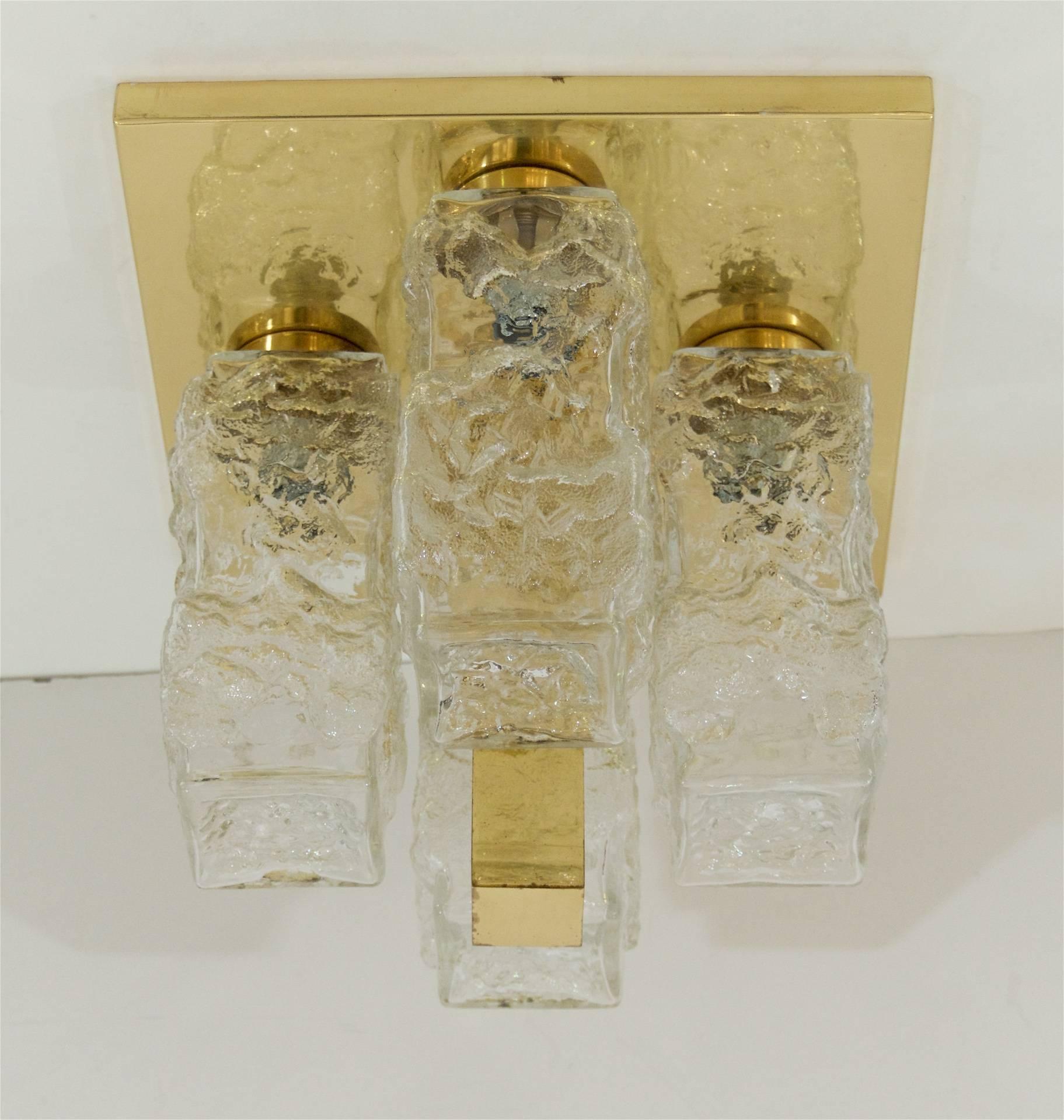 Mid-20th Century Brass and Ice Block Pillar-Form Flush Mounts by Hillebrand (5 Available) For Sale