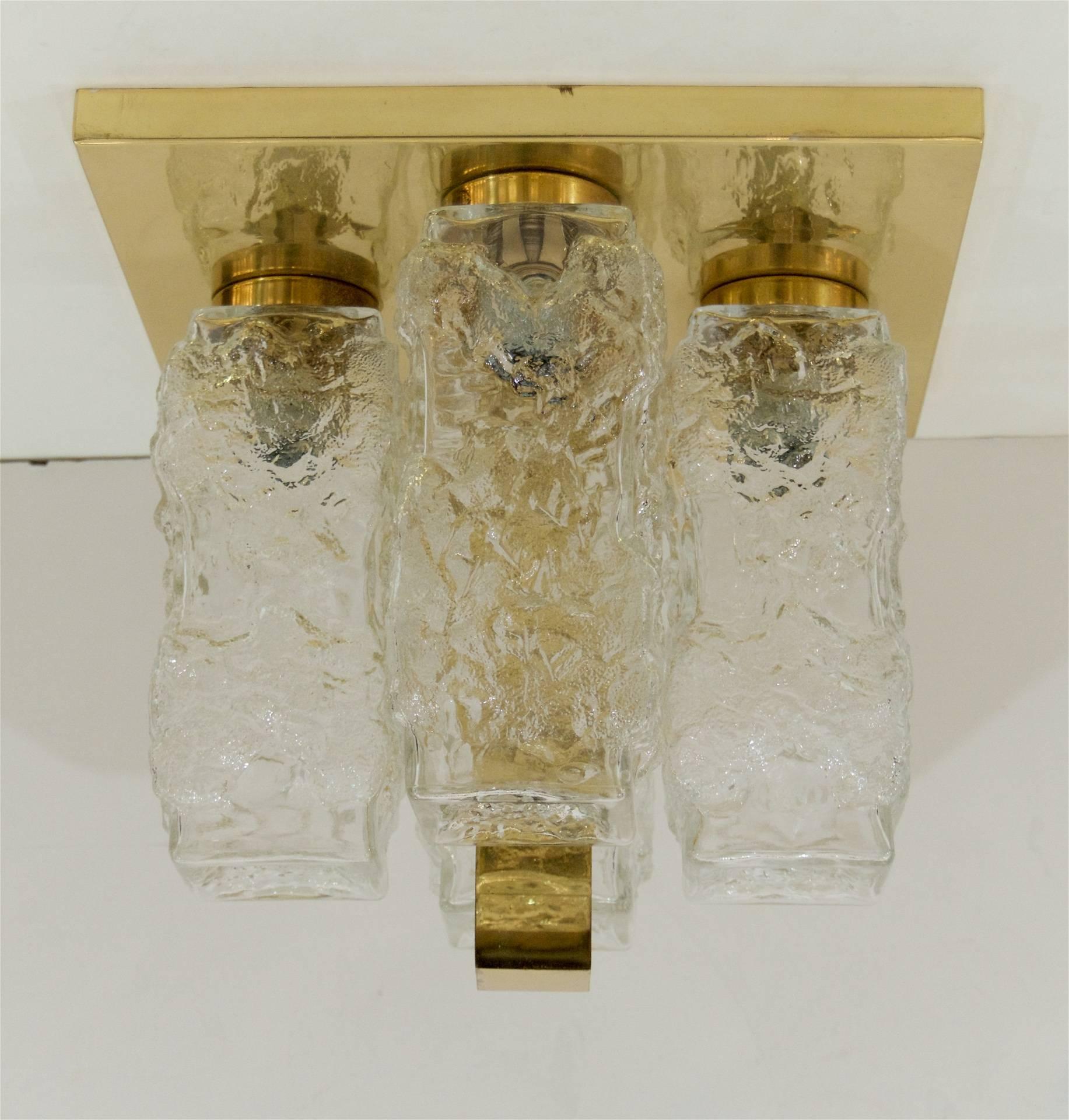 Brass and Ice Block Pillar-Form Flush Mounts by Hillebrand (5 Available) In Excellent Condition For Sale In Stamford, CT