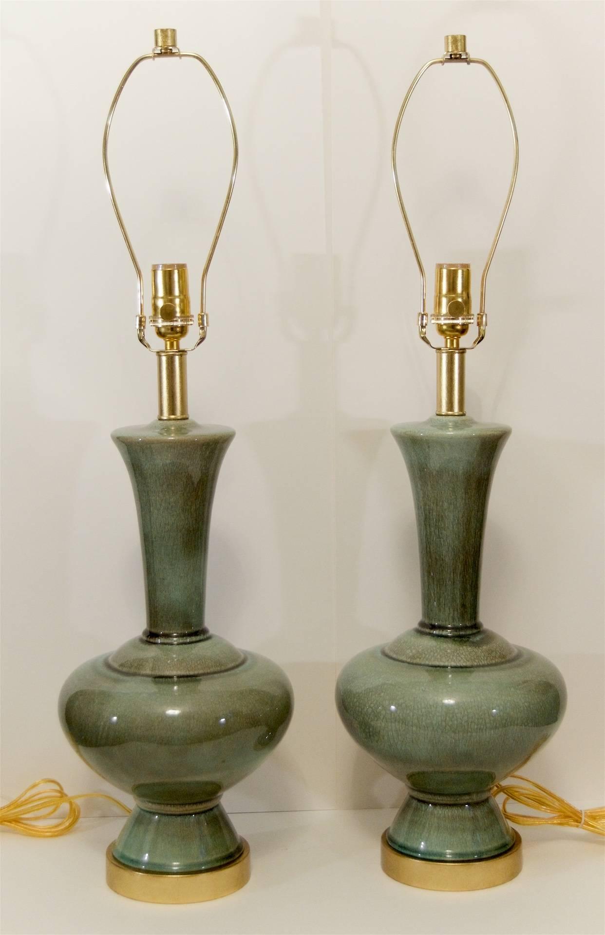 Mid-Century Modern Excellent Pair of Celadon Glazed and Gilt Ceramic Lamps