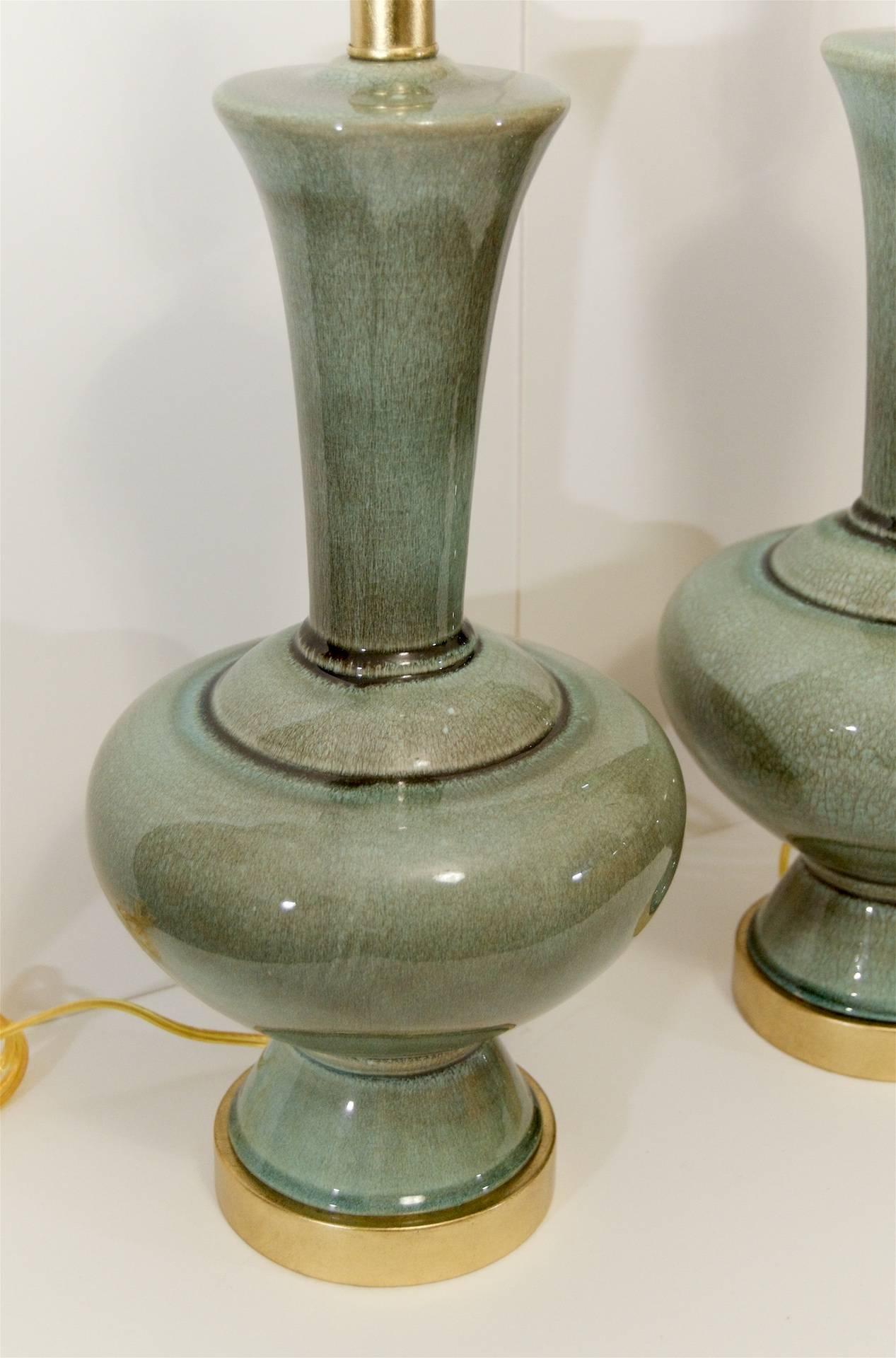 Excellent Pair of Celadon Glazed and Gilt Ceramic Lamps In Excellent Condition In Stamford, CT