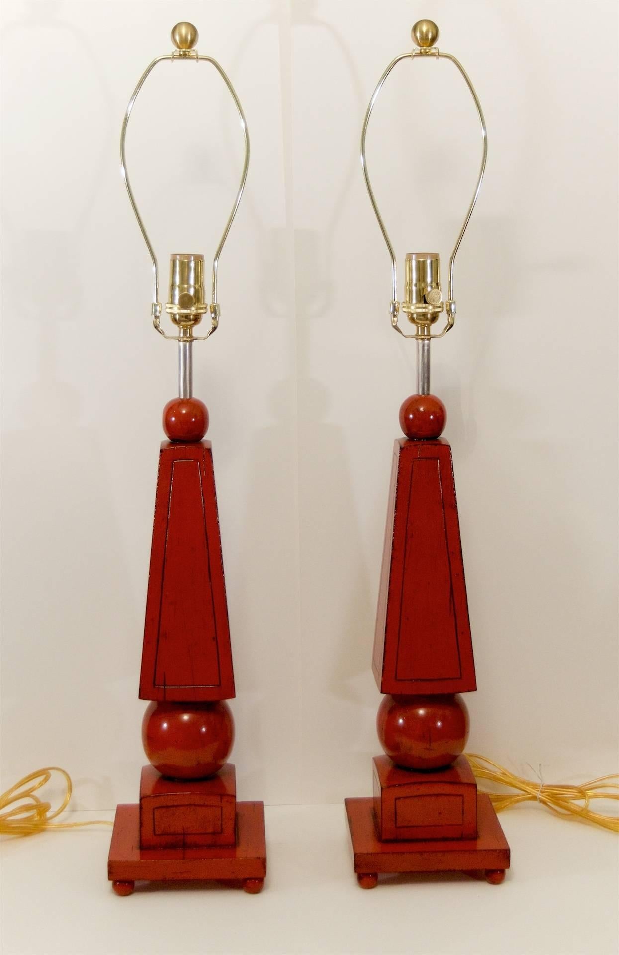 Mid-Century Modern Pair of Red Lacquer Obelisk Form Table Lamps For Sale