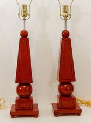 Pair of Red Lacquer Obelisk Form Table Lamps