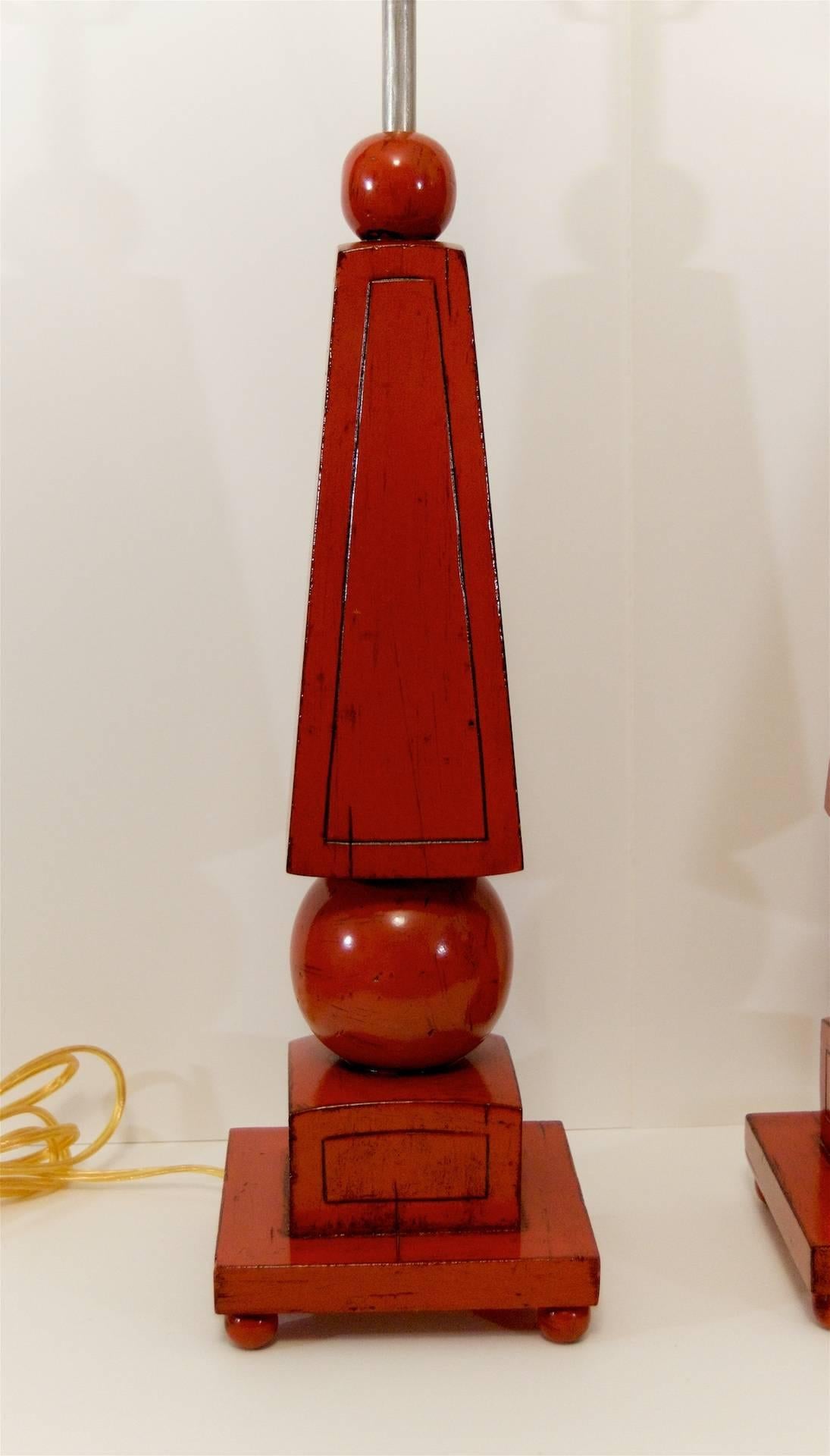 Late 20th Century Pair of Red Lacquer Obelisk Form Table Lamps For Sale