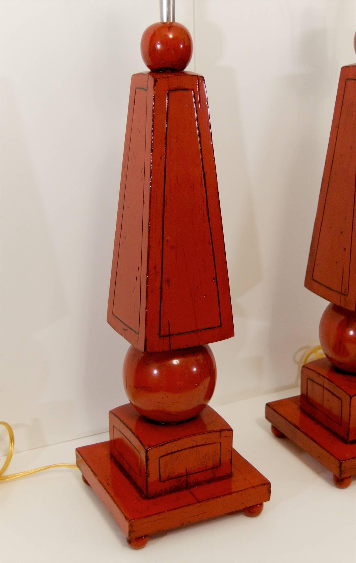 American Pair of Red Lacquer Obelisk Form Table Lamps For Sale